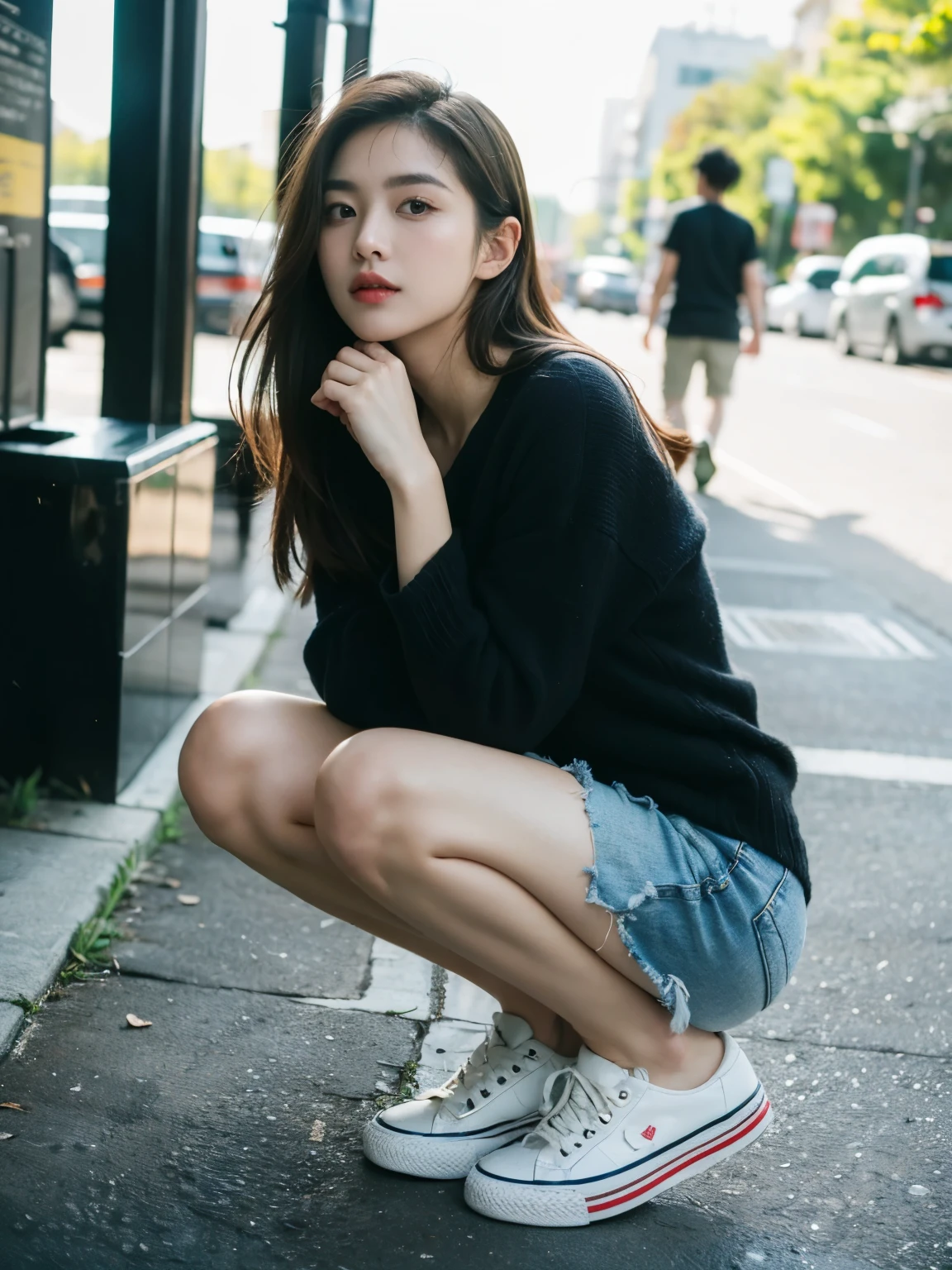 Woman in a knitted sweater in the city、Hands behind the head、drooing eyes: 1.3,, (in 8K) , ​master piece, (No retouching, Lip gloss, False eyelashes, Real Skin, of the highest quality, 超A high resolution, depth of fields, chromatic abberation, Caustics, Wide Lighting, Natural Shading))Korean Idols、Live action、Sauce order、Asian woman smiling at Alafe,、Young Pretty Gravure Idol, Young skinny gravure idol, Realistic Young Gravure Idol, Young Sensual Gravure Idol, Japanese Models, Shot with Canon EOA 6 D Mark II, taken with canon eos 5 d mark iv, Young Gravure Idol,