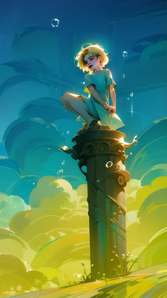 short curly hair, white flowing shirt, standing pose, looking slightly upwards, smooth fair skin, bright blue sky with scattered clouds and bubbles, natural sunlight from the left, dreamy and whimsical atmosphere, front view angle, well-balanced exposure, no motion blur, digital illustration style.