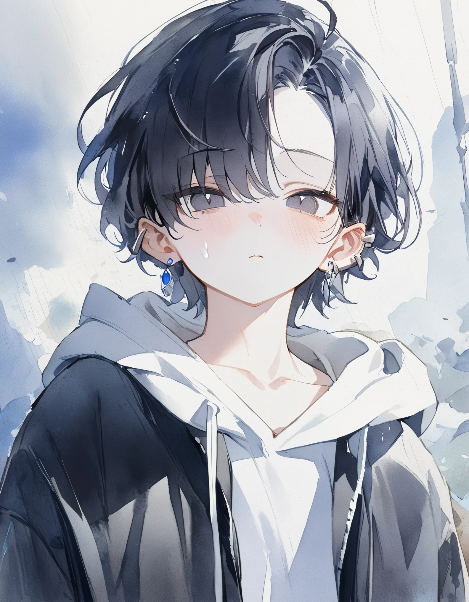 1 boy,[(black hair:1.2):(brown hair:1.2):0.7],(very short hair),(center part), black eyes,cat eyes,albino,from front,looking viewer, cold face,tilt your head,cowboy shot,white hoodie,(black jacket), black slacks,earrings,ear cuff,white Tone, watercolor , masterpiece,best quality,ultra detail,