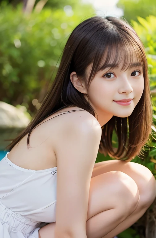 Highest quality、8k wallpaper、Reality:1.4、Photographed by a professional photographer、Natural light、View your viewers、background:Tropical Outdoor、1 beautiful girl、Japanese Idol、20-year-old、Beautifully detailed eyes、Detailed face、Beautiful Skin、Slender、Slim waist、Thin legs、Red lipstick、Blonde: 1.8、Fancy hairstyle:1.8、Asymmetrical bangs、Light Hair、The sunlight hits her hair and it shines golden、In coloured lingerie 、smile:1.5、Seductive pose