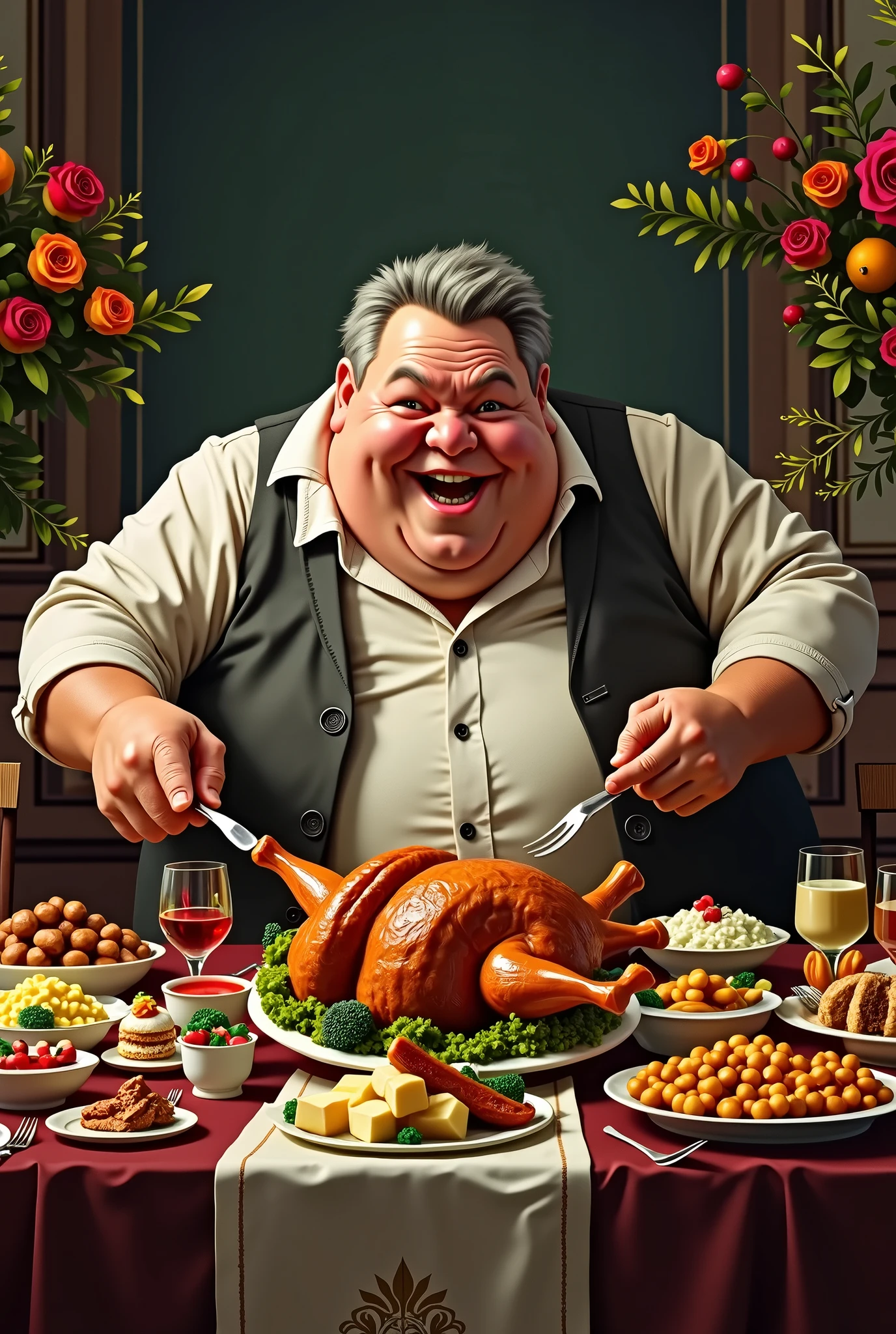 A greedy, gluttonous, fat old man in an expensive suit eating food from a table. He eats in a dirty manner, in a vulgar atmosphere. The word "Frugality" is written on his napkin. Gag scene. 3D animation style. High-definition realistic. The colors are colorful. The old man is drawn in a vulgar way.