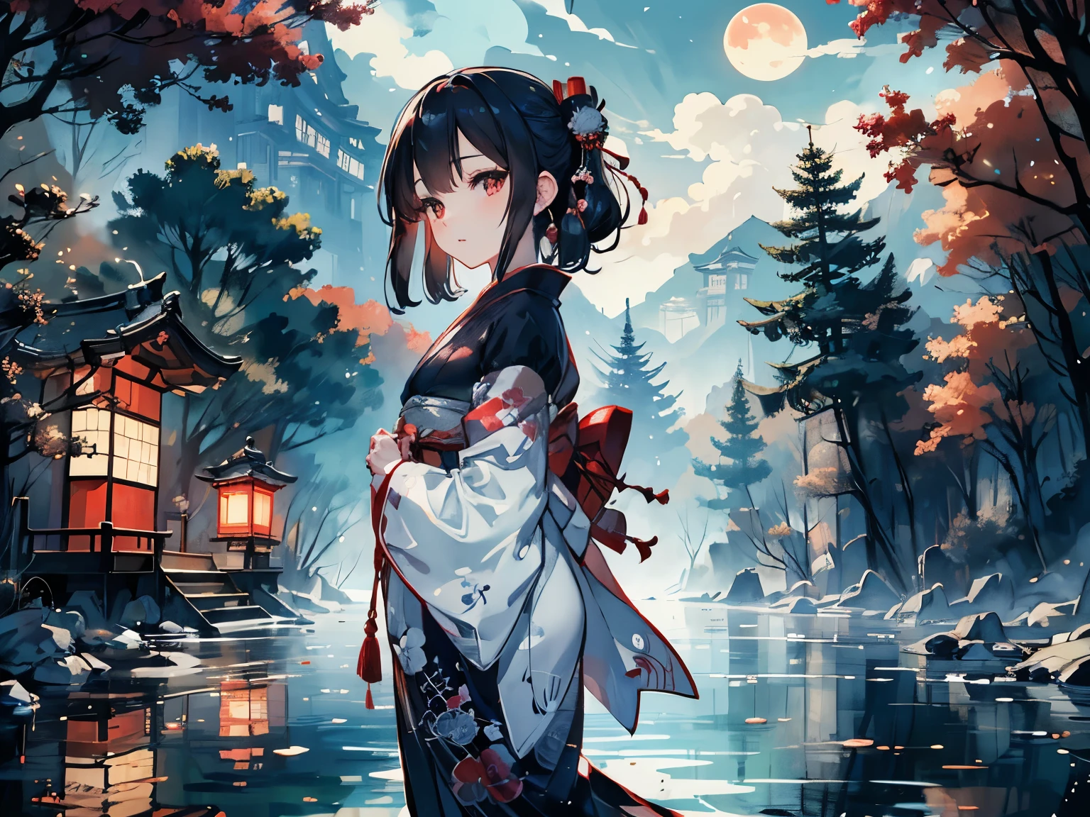 A beautiful young woman in a traditional Japanese kimono, gazing up at the moon, standing in a serene Japanese shrine at night, (best quality,4k,8k,highres,masterpiece:1.2),ultra-detailed,(realistic,photorealistic,photo-realistic:1.37),1girl,detailed kimono,detailed face,detailed eyes,detailed lips,detailed hands,beautiful eyes,beautiful lips,detailed shrine architecture,ornate shrine lantern,moonlit night,atmospheric lighting,dramatic shadows,cinematic composition,Japanese landscape,tranquil atmosphere,warm color tones