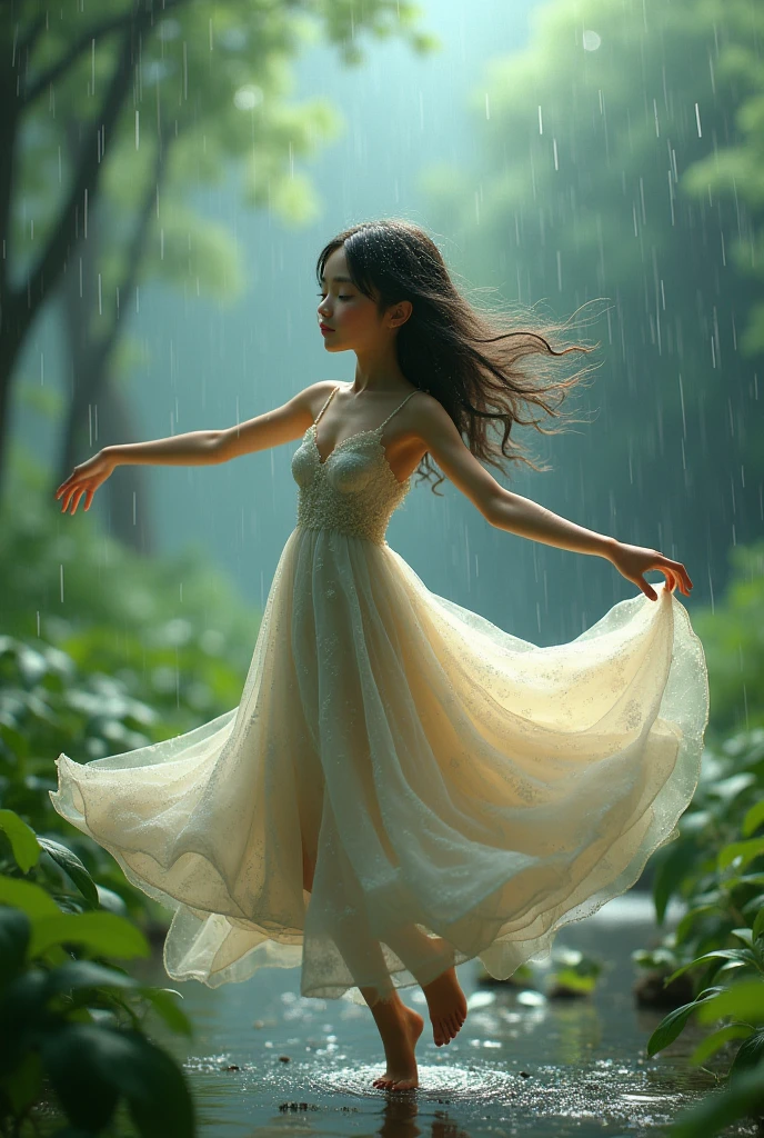 A human like figure made of air dancing on a pot, forest rain background