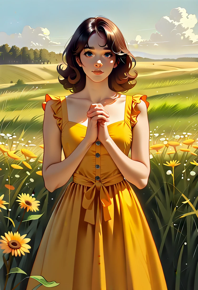 "A gorgeous 3 woman with curly, shoulder-length dark brown hair and a radiant, dark complexion. She wears a vibrant yellow sundress with a fitted waist and flared skirt. She is standing in an open field with wildflowers, hands gently clasped in front of her, looking peacefully into the distance. The soft afternoon sunlight enhances the warm tones of her skin and dress."