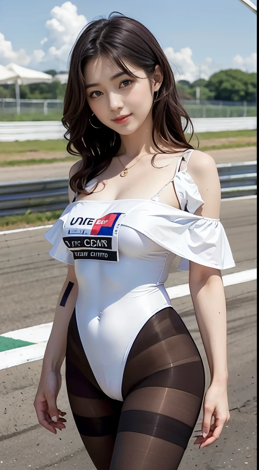 1 Japanese woman、 (((masterpiece))), ((highest quality)), ((intricate details)), (((hyper realistic)), Unorganized resolution, far and near method, very detailed, Reality, 1 girl, {8K Photo Quality:1.2}、{Ultra high resolution photo quality:1.2}、{super real 1.2}、{perfect limbs}、{Japanese}、masterpiece、NSFW、1 female、alone、Wearing a race queen costume with many sponsor logos、Her outfit with lots of sponsor logos、{Being in the pits of a car race}、She is a race queen、Dynamic sexy poses、smile、Open crotch pose、Spread your legs in an M-shape