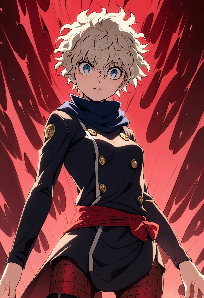 Neferpitou usando o god speed do Killua, yellow hair, red aura, blue eyes, ninja uniform