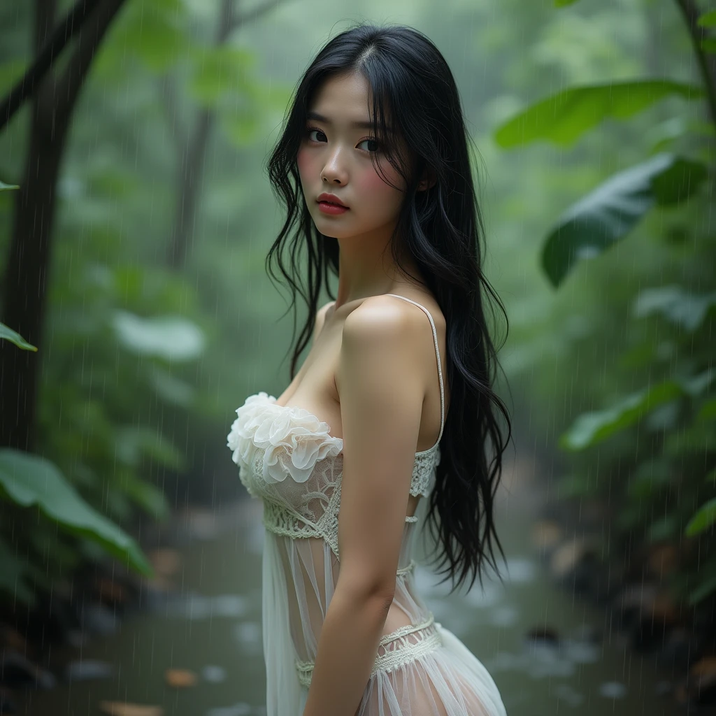 Abandoned ruins sexy standing pose,full-body portraits(1:1),18 years old girls,Slender and slender figure,Skinny,As thin as a whipping post,Smaller bust,The barefoot,Random nudity all over the body,exhibitionists,Random exposure of genitals,face to the viewer