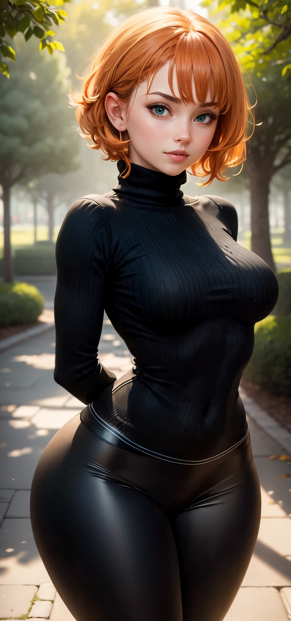 masterpiece, best quality, ultra-detailed, beautiful lighting, Woman, black leggins, orange hair, (green eyes:1.3), (black sweater:1.2), turtleneck, standing up, in park, beautiful scenery, takes off her leggings and shows her juicy ass, slight blush, smiling, (cute smile:1,1), (glossy lips:1.1), (beautiful eyes:1.1), wonderful backround, closed mouth, arms_behind_back, short hair HD HQ UHD