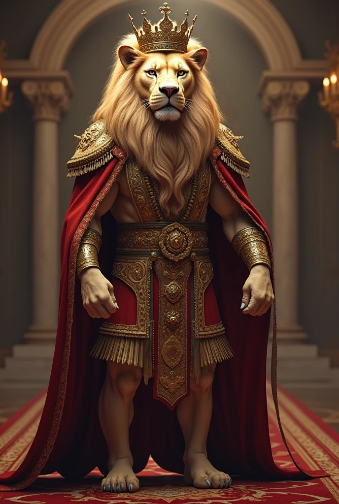 lion of the tribe of Judah, emperor's clothing,  standing with a crown