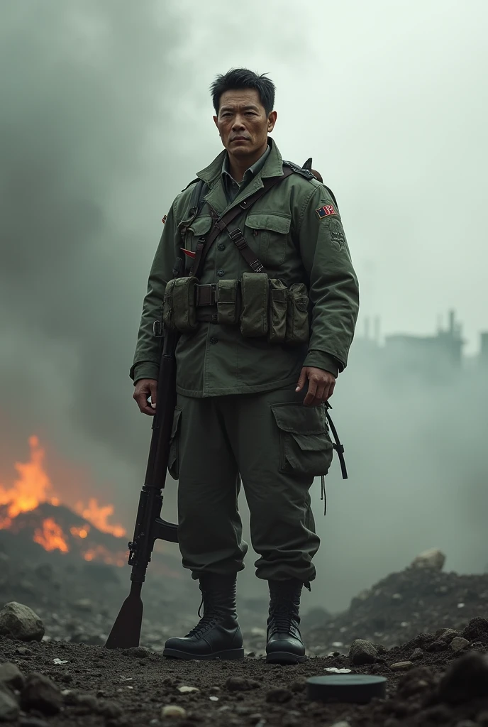 4D realistic images. 50 year old Indonesian, tall and straight, oval face, brown skin. wearing an army uniform, with the rank of colonel, there is a red and white flag emblem on his arm. wear a bulletproof helmet. bring a 3-tier  round lunch box. tense atmosphere. the soldiers shot, tanks and planes. rubble from destroyed buildings and fragments of walls. Realistic, highly detailed, ultra hdr, 8K images