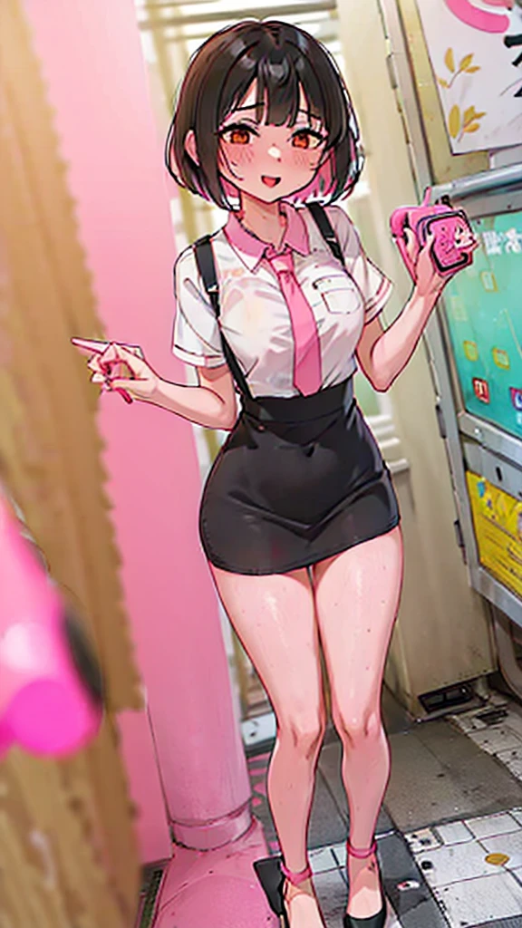 4K，one girl，slim，very short，very thin thighs，blunt bangs，short dress shirt, short sleeve，red suspender mini skirt，blush, laugh, bob cut, black hair，vivid colors, Ahegao，drooling ，Lots of love juice dripping from her thighs to the floor.，(remote_play))，remote-vibrating-egg，((Someone else's hand holding a pink round remote control:1.3))、an ecstatic look，Precise and detailed female fingers，