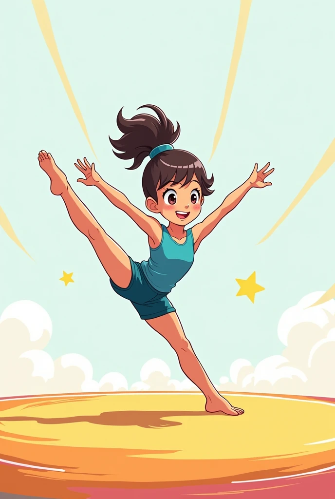 Viñeta 2:
"the same girl, now 7 years old, in the middle of a gymnastic somersault. She wears a bright blue leotard. Background of a gym with mats and equipment. Capture motion with dynamic action lines." Add text box with Narration: "...but soon discovered his true passion: Gymnastics." In comic format 