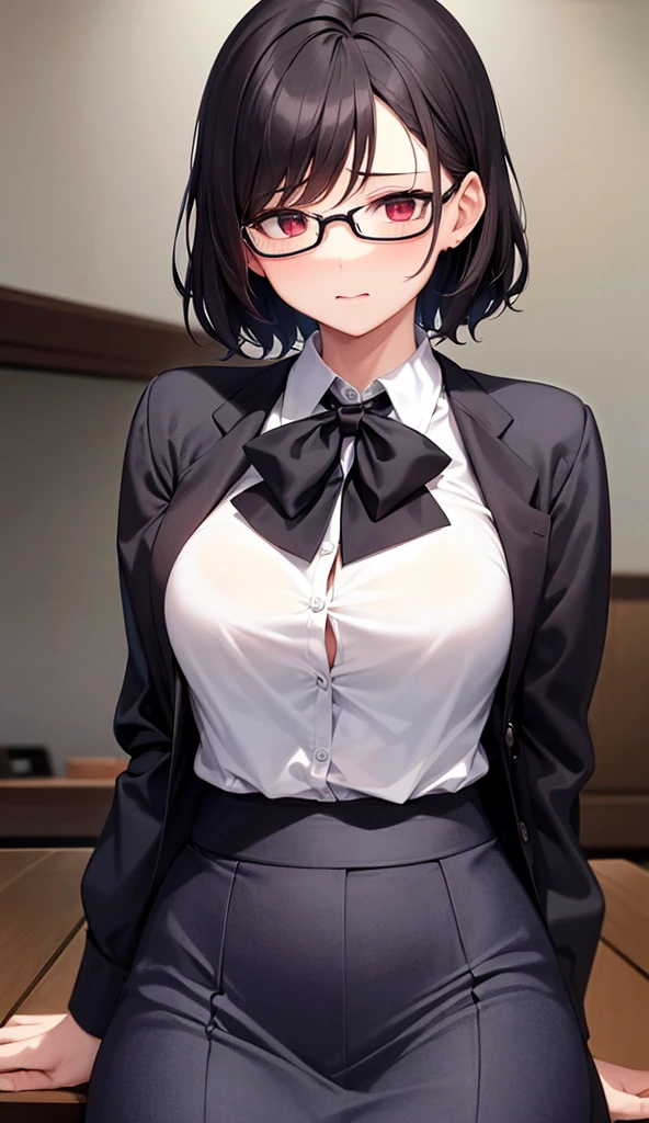 (masterpiece:1.5), (Big Breasts), 1 girl, young woman, (beautiful girl:1.5), (Highly detailed and delicate anime faces and eyes:1.5), whole body, (Natural light, High resolution, Highly detailed CG:1.3), (Dynamic posture:1.3), {correct body anatomy}, (Wide Hips:1.4), (Perfect hands:1.3), Single Focus, Toned body, Beautiful Lips, Thick lips, {Surreal}, {Correct posture}, {Minutes Details}, {Detailed body}, {Detailed clothing}, {Bright Eyes}, (Cleavage:1.3), {accessories}, {sexy}, {alone}, (Black Wafuku:1.5), (Black Uniform:1.3), (Short black blazer:1.5), (Black blouse:1.3), Long sleeve jacket, short skirt, skirt, (bow tie:1.3), Black glasses, Hair Clip, jewelry, Earrings, (Black Pantyhose:1.3), loafers, Twin Blade, (Black Hair:1.3), Hime cut bangs, Brown eyes, Contempt,