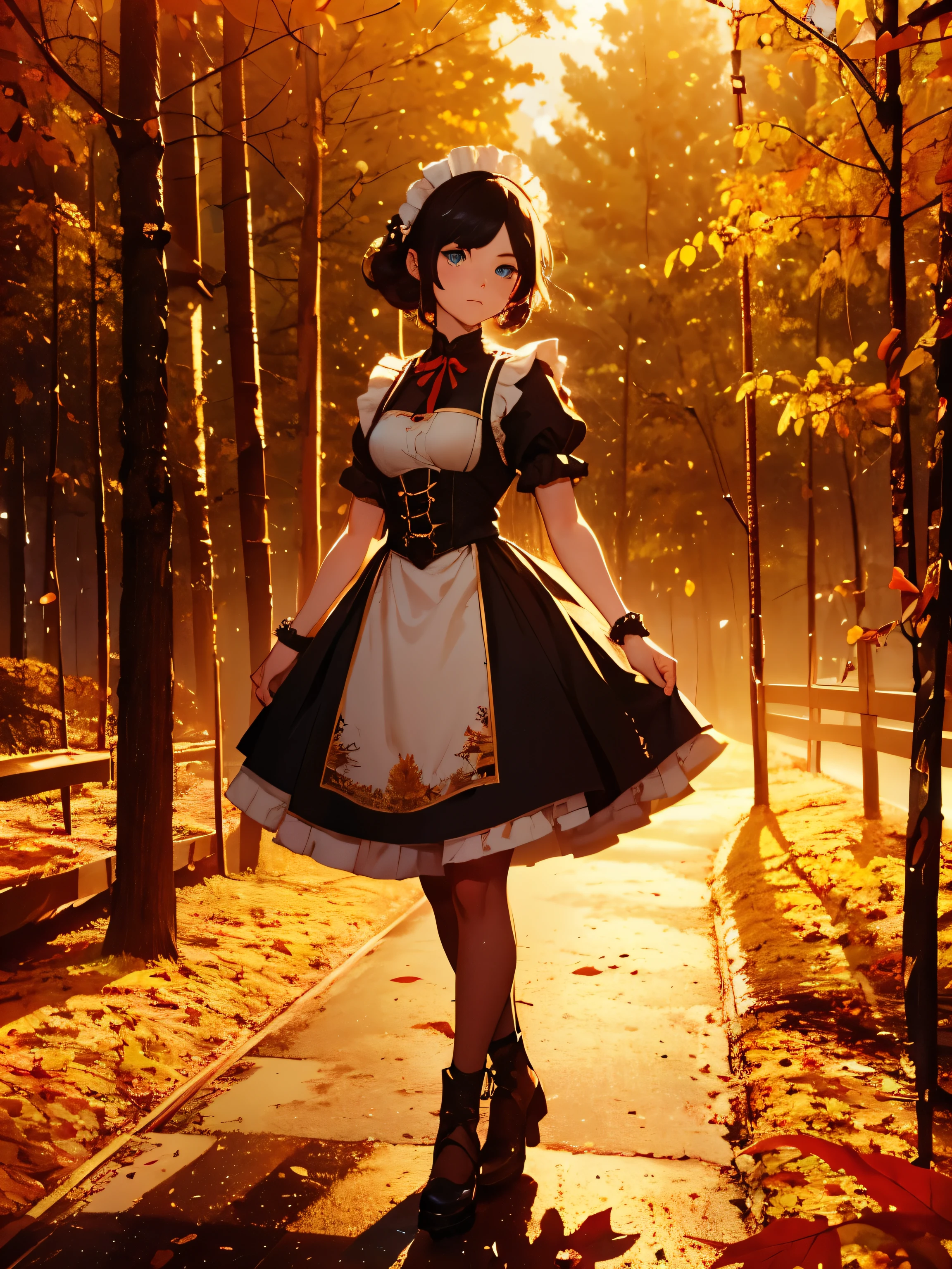 (masterpiece, high resolution,ultra - detailed:1.0),1 girl,Young and beautiful woman, eyes looking away from viewer, Perfect female body, (full body), (autumn forest), Extremely detailed CG,Unity 8k wallpaper，Complicated details, solo person, (blue eyes), asian eyes, (medium black hair,Maid clothes,short sleeves, timid expression),autumn forest (steampunk style),sunny day,Portrait,color difference, Depth of field,dramatic lighting, Ray tracing, Best quality, Cinematic lighting,offcial art,