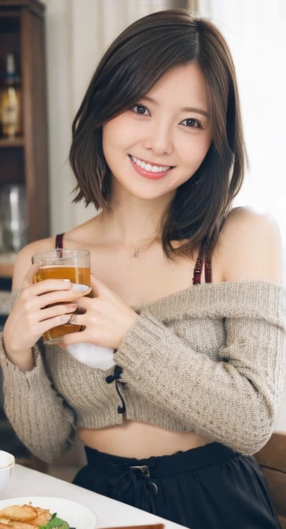 Best Quality、Ultra-high resolution、Detailed body、（2 Japanese woman、Short Hair、Medium size breasts、Sit at the table、Detailed bra、Layered sweaters、Drinking beer、Drunk face、cooking、Plates on the table）、（Messy room background）、（（Look away））、smile
