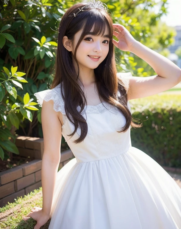 (8k, RAW photos, best quality, High resolution: 1.1), (surreal: 1.4), (realistic, realistic: 1.3), soft light, girl, realistic face, realistic body, realistic skin, absurd, masterpiece, (cute: 1.8), cute, solo, (: 1.2), detailed black eyes, innocent eyes, blush, (sexy white wedding dress: 1.2), (dress conservatively), exposed shoulders, lace trim, garland, jewel crown, movie lights, film grain, jewelry, earrings, ((medium hair: 1.1)), (floating hair nova frog style)), cherry lips, headband, hair bow, ponytail, viewer, long hair , open lips, upper teeth, (smiling eyes: 0.6), (grinning: 1.2), depth of field, blurred background, eye focus, bokeh, young, 85mm lens, f/1.4, professional lighting, young, photon mapping, radiosity, physically based rendering, braless,  (small breasts:1.2) 