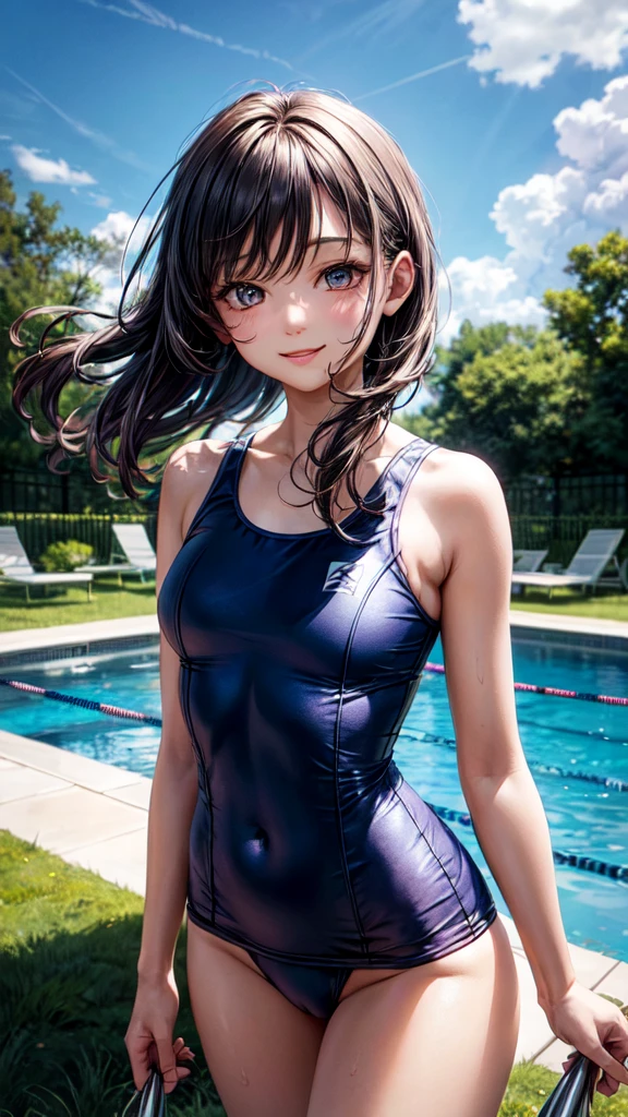 Very cute and beautiful girl,Teen,(very detailed beautiful face and eyes:1.2),Blue school swimsuit,
Sitting,Spread legs,Looking at Viewer,Pool side,planter flowers,Smile,Black hair,Cowboy Shot,Dynamic Angle,
(Best Quality,masutepiece:1.2),hight resolution,Solo,Hair fluttering in the wind,Beautiful detailed sky,