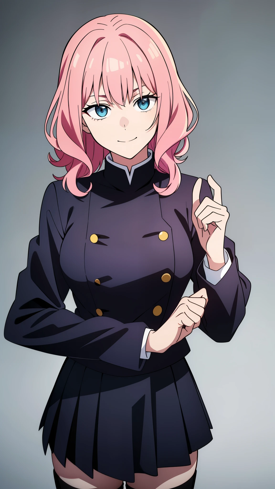 (high-quality, breathtaking),(expressive eyes, perfect face) 1girl, female, solo, teenager, pink hair, yellow and red eye color, medium hair length, looking at viewer, half body, bright smile, kind face, cheerful expression, dark black blue long sleeved shirt, collared shirt, ((dark black blue Skirt)), black thigh high socks, absolute territory jujutsu kaisen uniform, jujutsu high school uniform, flowy hair, feminine face, medium curly hair, grey background, portrait, stylized hairstyle