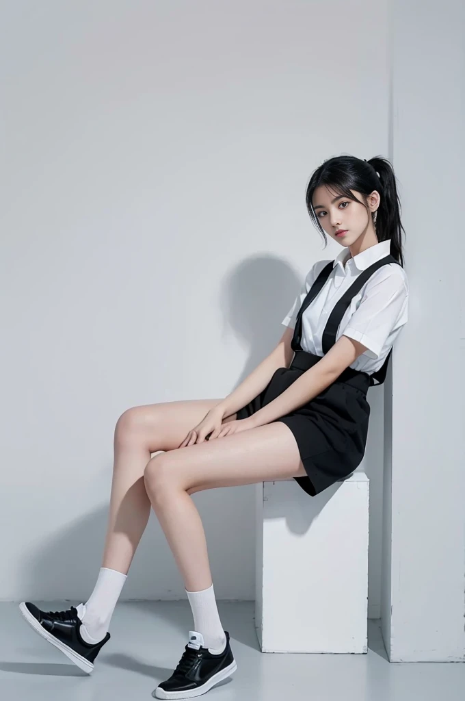 1girl with cute face and ponytail black hair, model posing, standing, wearing white shirt, pinafore,  wear full black color shoes and full black color socks, white background, full body, (masterpiece, top quality, best quality, official art, beautiful and aesthetic:1.2),