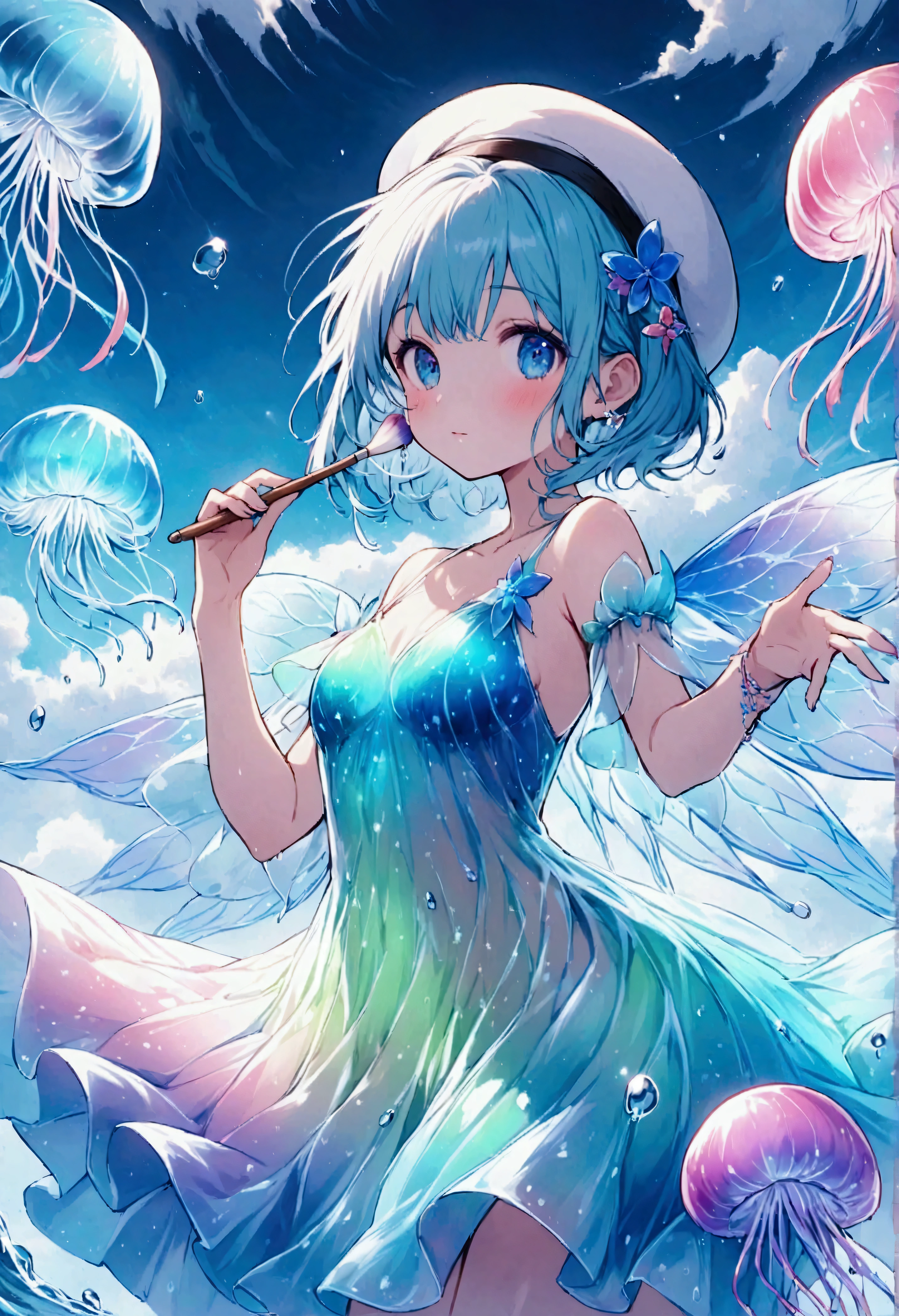 A small sea fairy with a transparent blue body resembling a water droplet, delicate jellyfish-like wings on its back, and a stylish artist's beret on its head. The fairy is holding a paintbrush in its hand, flying through the air, and using the waves and wind of the sea to paint. Surrounded by soft sea foam and gentle breezes, the character radiates creativity and joy. The atmosphere is whimsical and artistic, with warm, friendly expressions that emphasize the fairy's role as a cheerful and imaginative mascot. The scene captures a light and playful mood, with a focus on the fairy's beret and artistic tools.,Anatomically correct,colorful,Colorful,Absurdly beautiful,Transparency,Bioluminescent Dress