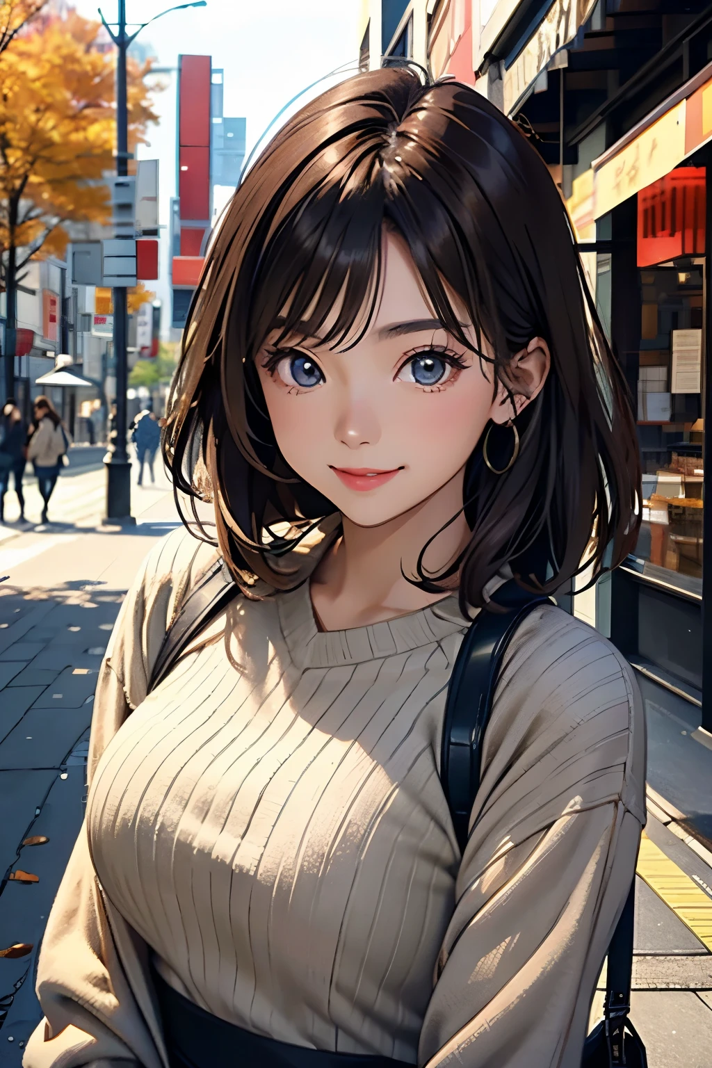 Upper body close-up image.A beautiful Japanese woman. Twenty years old. Light brown hair. She is smiling and looking at the camera. She is wearing fashionable autumn clothes. She is in the city.