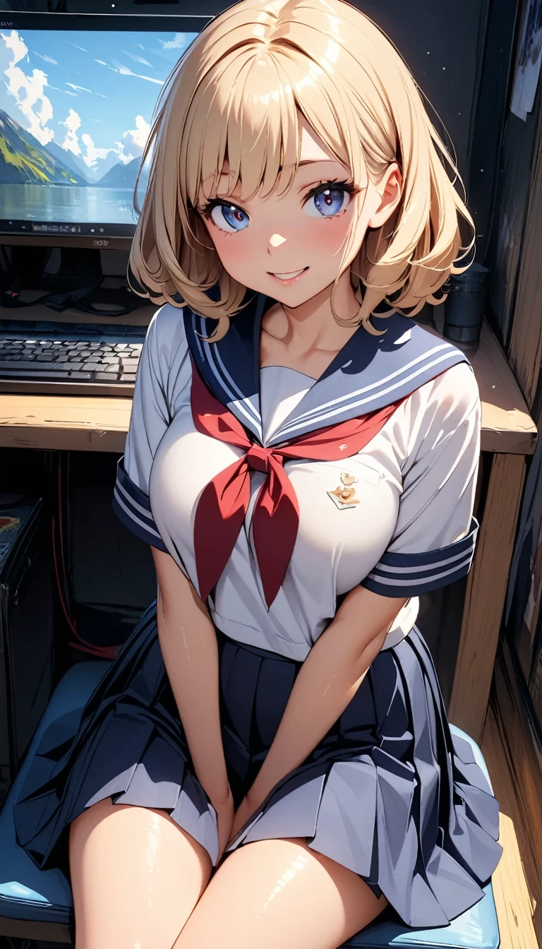 blonde, short hair, girl1, in the School classroom, (upper body), completely nude, (small nipples:1.2), (small areolas:1.2), kawaii, cute, pale purple eyes, blue sailor uniform lift, blue bowtie,