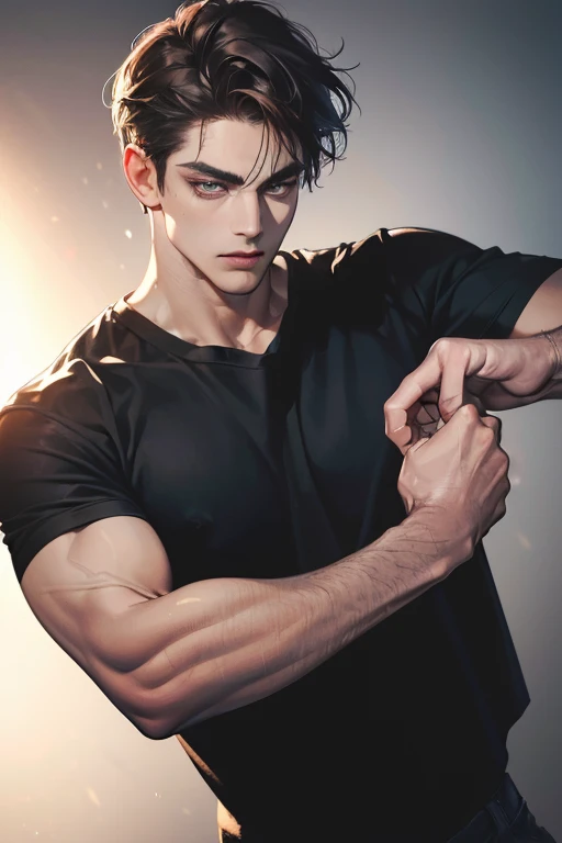 young man, black hair, shirtless, crying a lot