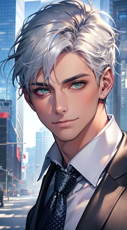 (Highest quality,4K,8K,High resolution,masterpiece:1.2),Super detailed,(Realistic,photoRealistic,photo-Realistic:1.37),1 personld,Mature Men,Beautiful skin、very handsome,Expressionless smile in love,Short white hair,green eyes,Sharp Eyes,A perfect face without a doubt,Businessman, CEO, Office Background,Cinema Lighting,HDR image,tie、