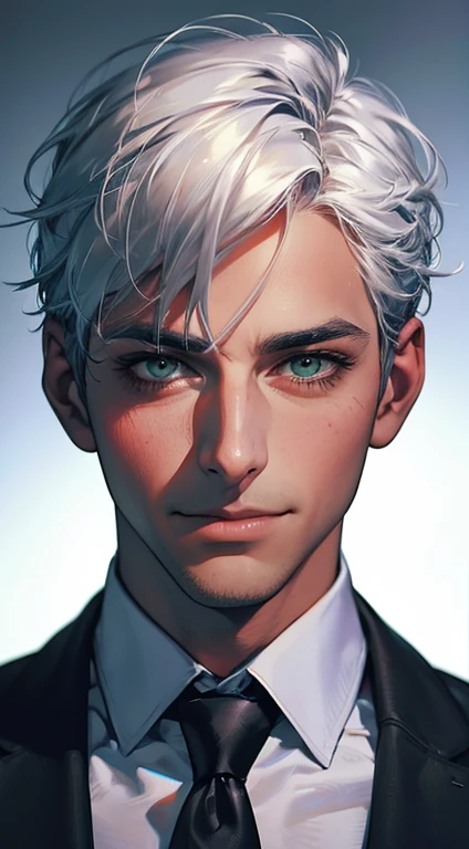 (Highest quality,4K,8K,High resolution,masterpiece:1.2),Super detailed,(Realistic,photoRealistic,photo-Realistic:1.37),1 personld,Mature Men,Beautiful skin、very handsome,Expressionless smile in love,Short white hair,green eyes,Sharp Eyes,A perfect face without a doubt,Businessman, CEO, Office Background,Cinema Lighting,HDR image,tie、