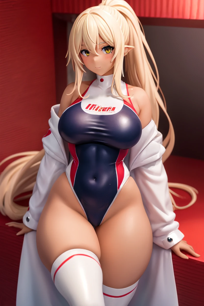 Long white ponytail hair, Red Round glasses, full Naked body exposed, nipples exposed, vagina exposed, Long white Lab Jacket. Golden Collar over neck.