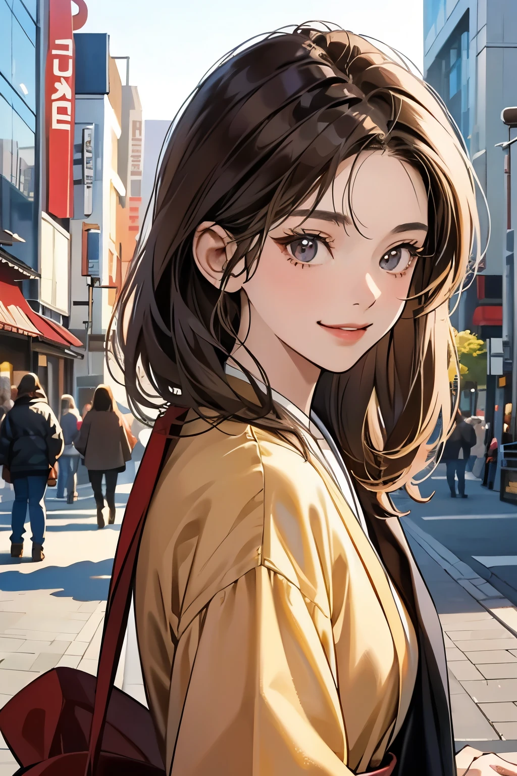 Upper body close-up image.A beautiful Japanese woman. Twenty years old. Light brown hair. She is smiling and looking at the camera. She is wearing fashionable autumn clothes. She is in the city.