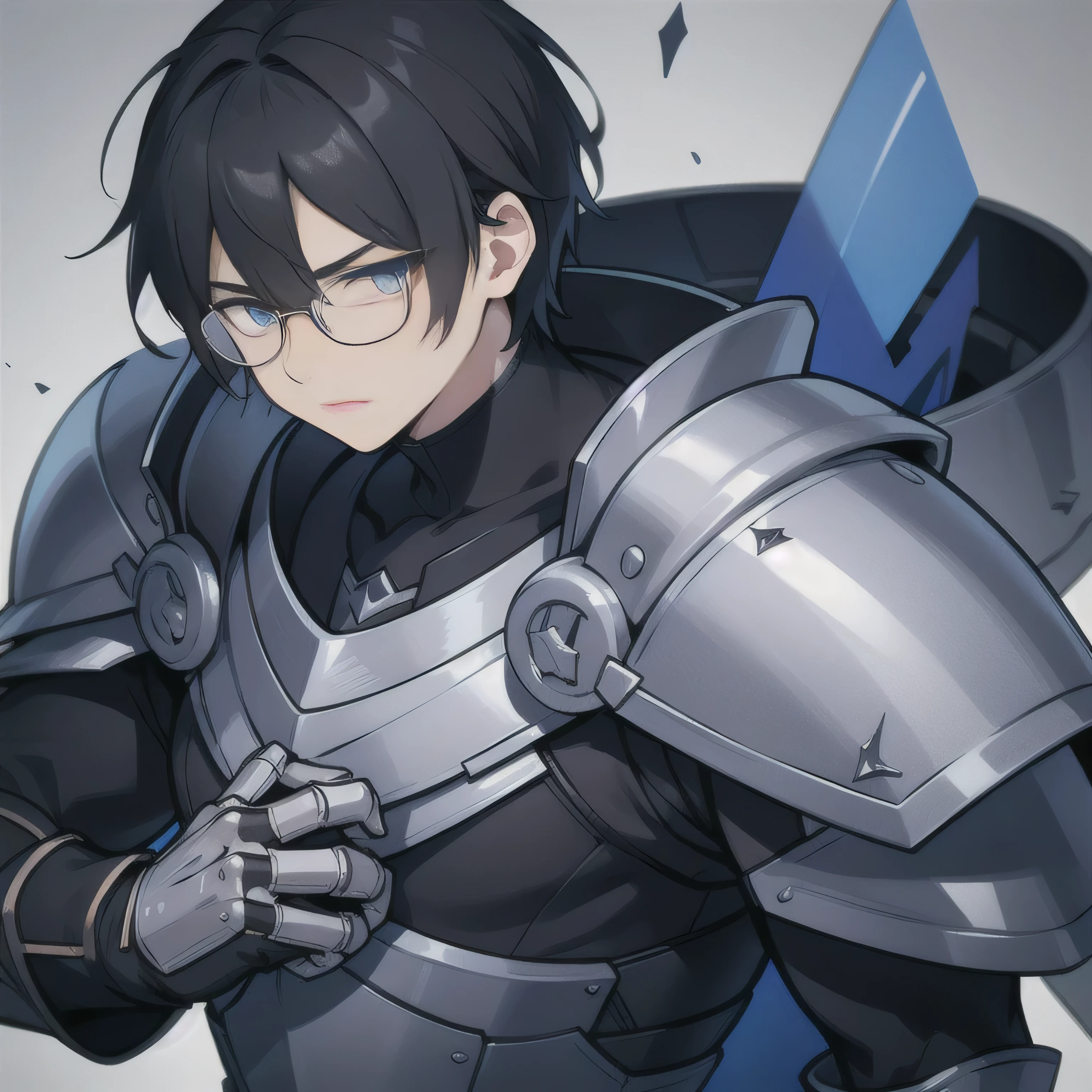 1Man, black hair, blue eyes, glasses, knight armor, strong, holding Excalibur 