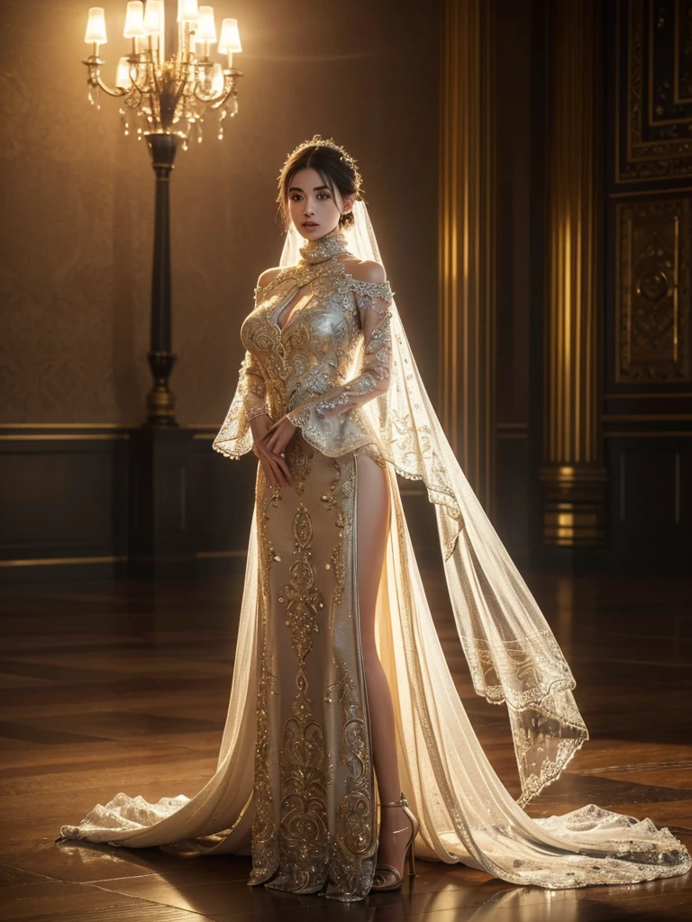 Asian woman in glamorous long evening dress, wear high neck bolero, wear jewellery, wear modern satin hijab, entirety of fabric about 7 meters in length trailing dramatically, glamours style, overlong dress train, in luxury bed room, extreme detail on the texture of the fabric, wear high heels, sexy random pose outdor, dramatic lighting, ultra realistic, high-resolution photography.