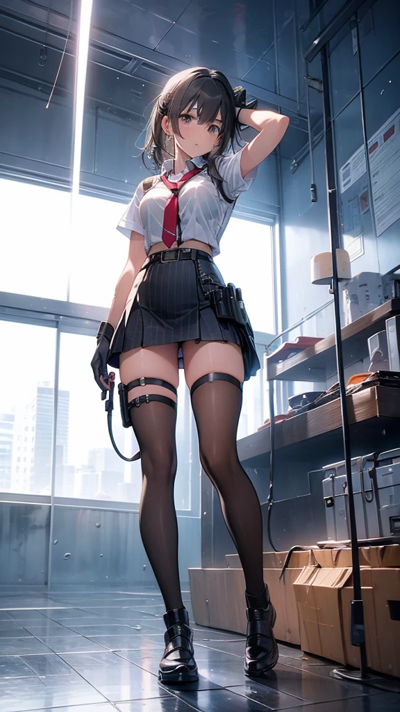 work clothes, (drooping eyes, realistic skin, round face, light-makeup), angle from back below, panties, (straddling to hit her crotch on exposed pipe), open legs, raise leg, masturbation, ecstasy, (in the factory, machines, monitors, control panels), ceiling glasses with thin rim, hair up, 