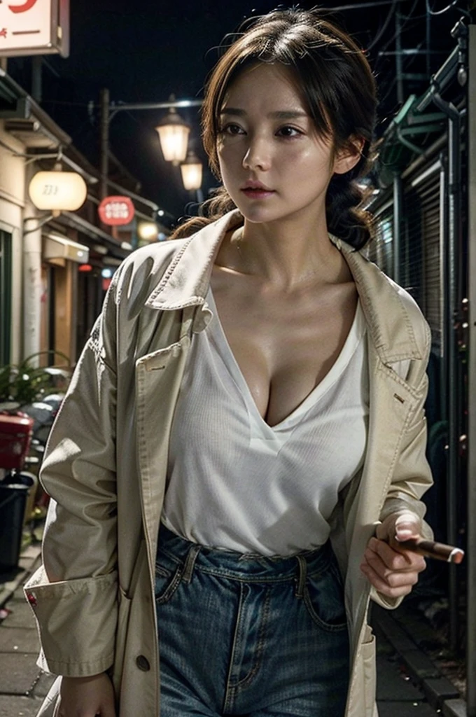 (nsfw)、(Best Quality、masterpiece、Best Quality、High resolution)、One Woman、Cowboy Shot、(huge breasts、cleavage、dynamic pose、dynamic angle)、(She is a doctor。She is wearing a white coat and smoking a cigarette in a narrow, dirty, dark alley.。)She is taking a breather while leaning against the wall.。Her face is tired and her eyes are deeply shadowed.。The pressure and stress of the day is building up in my mind.。The area is littered with garbage bags and old posters, and an unpleasant smell permeates the air.。All around her she sees broken street lights and graffiti.。People passing by々No one rushes to look at her.。The weather is cloudy and a dim light covers the alley.。Her movements are slow and she seems to be seeking a moment of peace.。