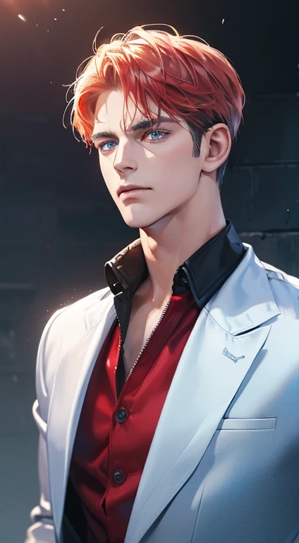 (best quality, masterpiece, 8K, photorealistic, cinematic lighting, 1:4 hdr image, ultra detailed, beautiful image), a mature man, 34 years very handsome, ((cold expression)), short red hair, blue eyes, face perfect without mistakes, ((buttoning his jacket, CEO))