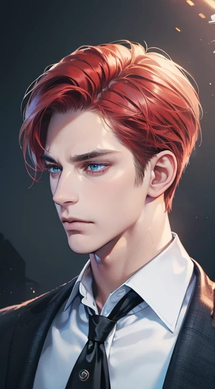 (best quality, masterpiece, 8K, photorealistic, cinematic lighting, 1:4 hdr image, ultra detailed, beautiful image), a mature man, 34 years very handsome, ((cold expression)), short red hair, blue eyes, face perfect without mistakes, ((buttoning his jacket, CEO))