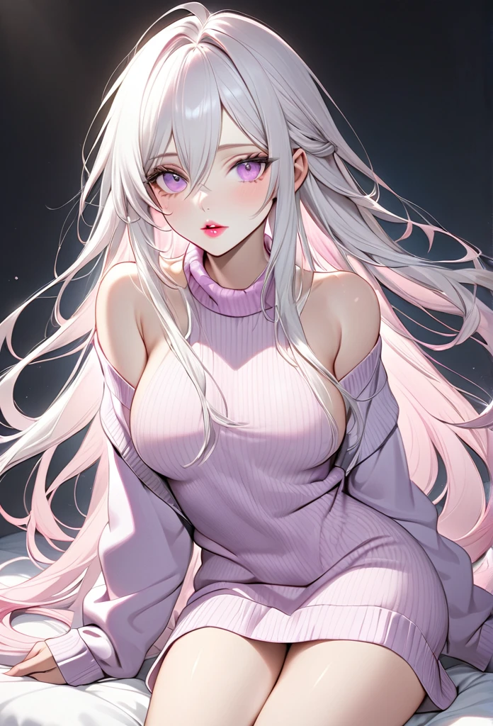 Male, with very long white hair, with long hair, with light pink eyes, pale skin, he is wearing a light purple sweater dress, he is flat chested like a man, he has pretty pink lips, has big boobs.