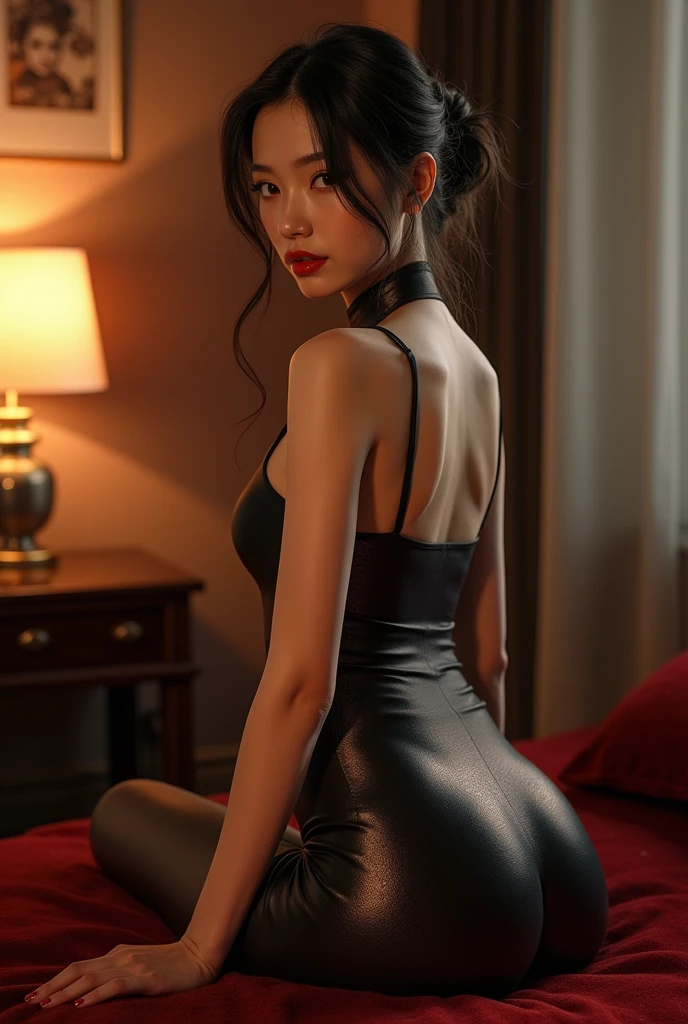 ((view from above:1.5)), (birds eye perspective), ((looking back over shoulder:1.5)), Hyper realistic, (beautiful russian lolita Girl)ing night gown, stockings, ((detailed ear)), ((detailed eyes and nose)), slightly Chubby , dark Skin, (red lips), (eye liner), happy, wavy hair, kitchen Background, upper body, Bokeh Effect, Look at Viewer, Perfect Eye, Perfect Hand, Perfect Finger, (medium breasts), ((adorab), ((masterpiece:1.1)), ((bokeh)), ((bend over counter)) seductive pose, protruding ass