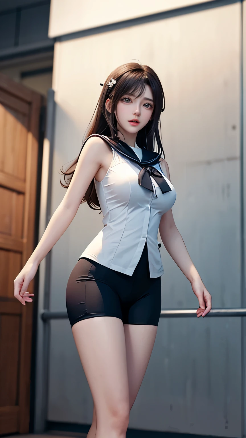 nsfw, (1girl in), (Solo:1.5), Official art, Raw photo, Photorealistic, unbelievable Ridiculous,masutepiece, Best Quality, 8K, hight resolution, extremely detailed girl, extremely detailed beautiful face, Beautiful skin, Ideal ratio body proportions, cowboy shot, standing, looking at viewer, smile, 17 years old, Japanese, medium breasts, navel, (Open legs:1.4), (hand covering pussy:1.5), (shiny white collared costume:1.3), white and blue pattern, (blue tie:1.2), (bottomless:1.3), black hair, chromatic abberation, Sharp Focus, face lights, plein air, no lipstick, outdoor, airport,