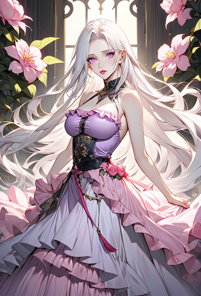 Male, with very long white hair, with long hair, with light pink eyes, pale skin, he is wearing a light purple ruffled top, with a very long flowery skirt, he is flat chested like a man, he has pretty pink lips, has big boobs.