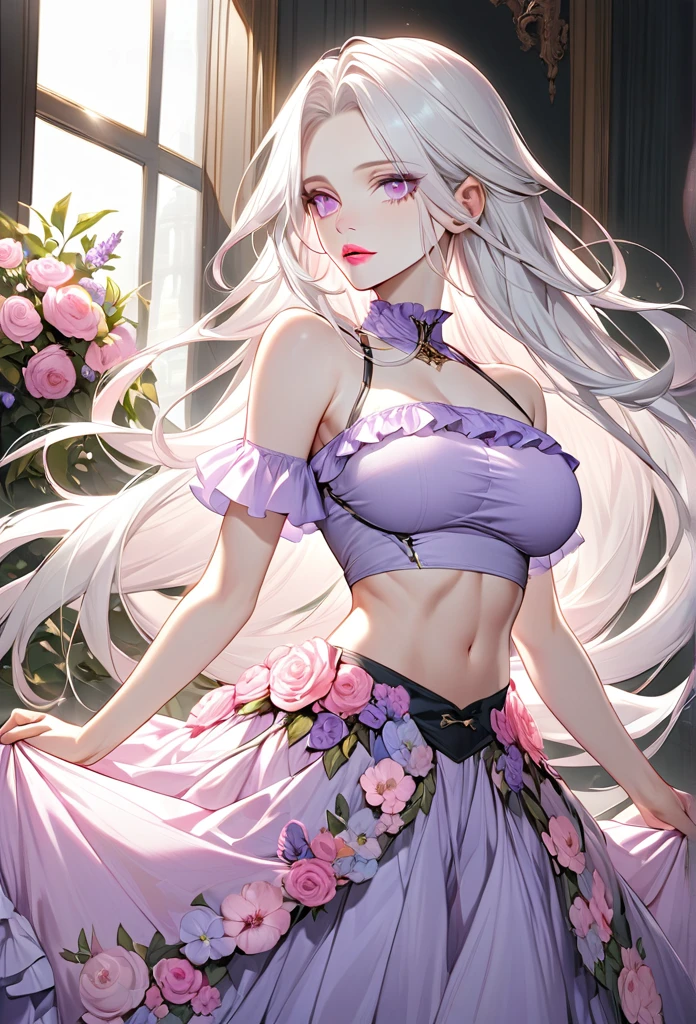 Male, with very long white hair, with long hair, with light pink eyes, pale skin, he is wearing a light purple ruffled top, with a very long flowery skirt, he is flat chested like a man, he has pretty pink lips, has big boobs.