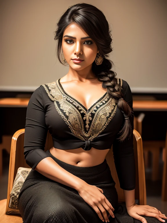 Indian women pony tail, sitting on floor looking up to camera wearing blouse, clevage, navel 