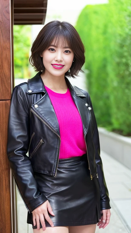 最high quality, 8k, Vibrant, Sharp focus, high quality, High resolution, Middle-aged women, Mature Woman, 5, (Full Body Ezbian), (High heels face detail, Highly detailed eyes, Fat physique、Plump face、((Big 1.6))、((Black leather clothing))、garden、Random Hairstyles、A kind smile、Very short hair、(Standing posture、Leather skirt、Leather jacket、Leather Fashion)、