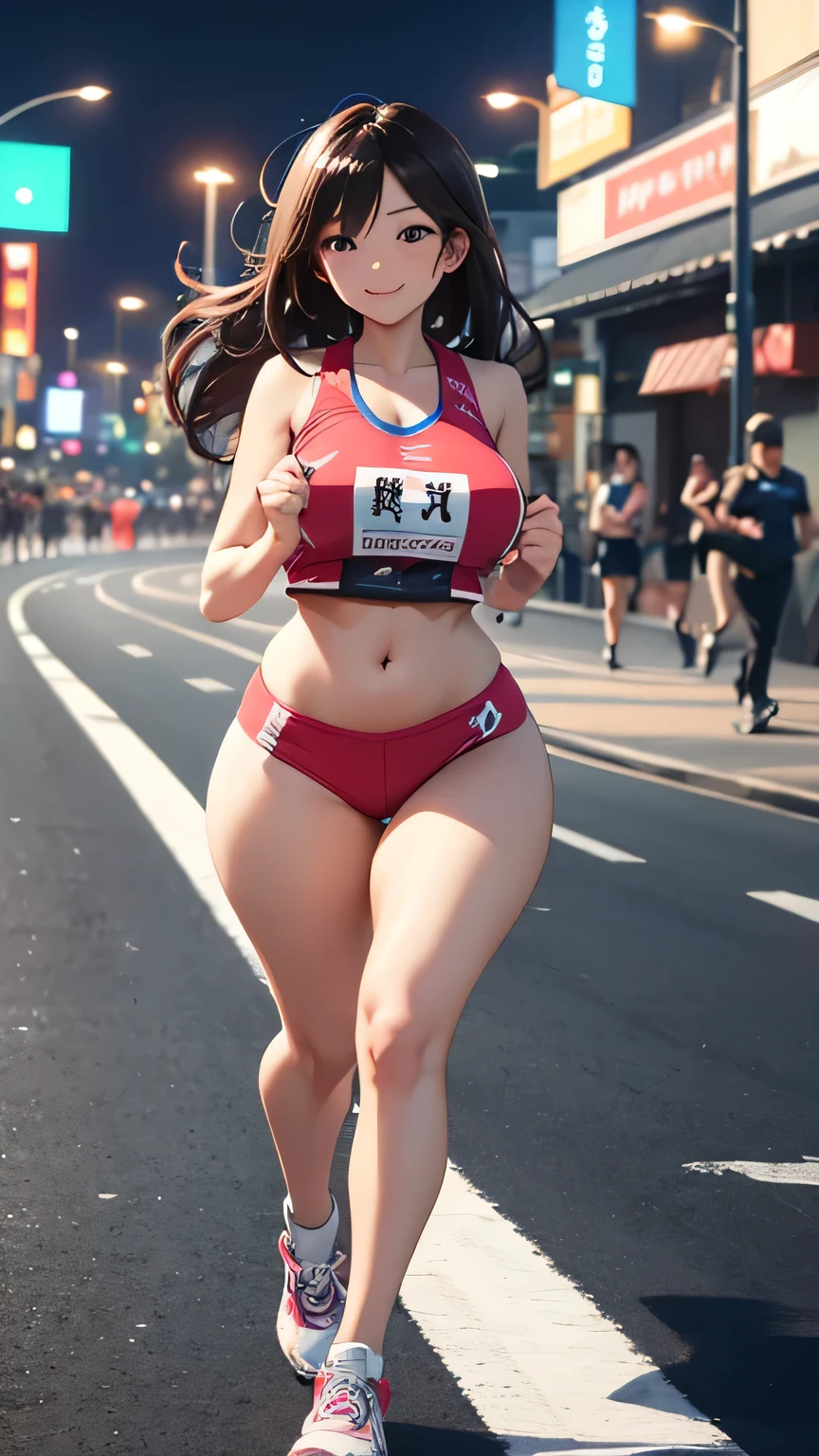 running, sweat, running, big boobs, tan,marathon, long black hair, number, plump
