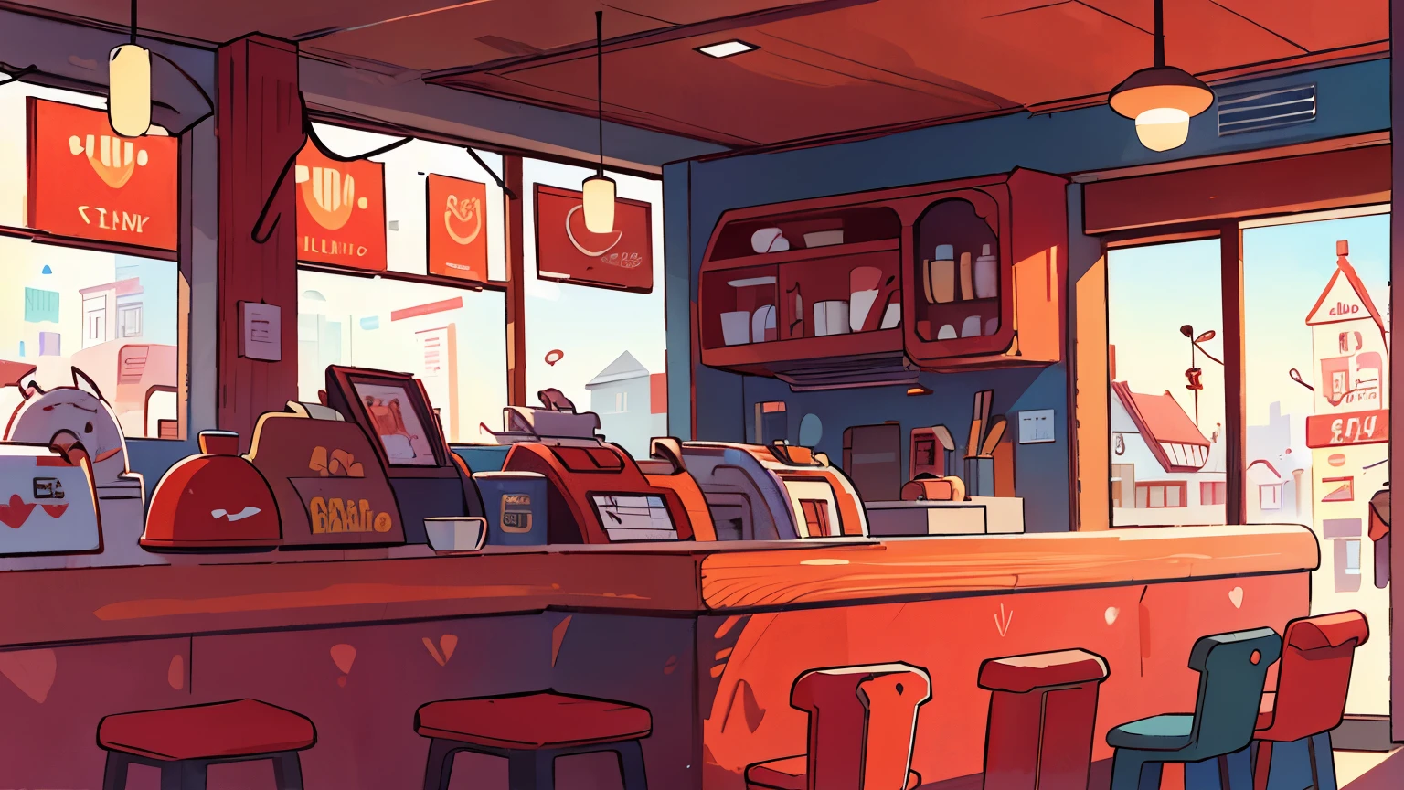 An interior of an American diner, daytime, view of the counter, (best quality,4k,8k,highres,masterpiece:1.2),ultra-detailed,highly detailed features, intricate, dynamic, small town diner, digital art, concept art, red cushions, in the style of