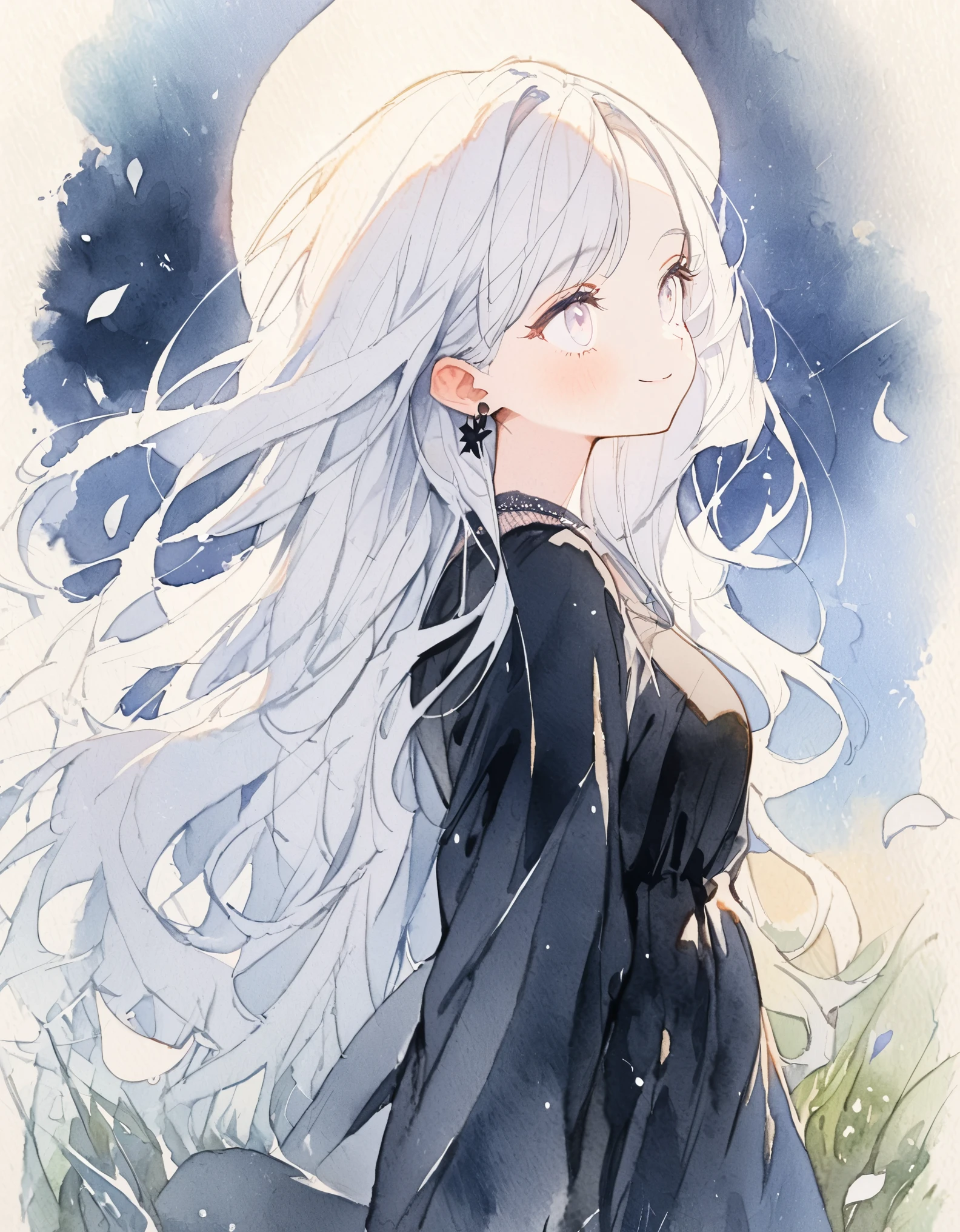 1 girl, [(white hair:1.2):(yellow hair:1.2):0.6],long hair,mesh hair, white eyes,albino,{smile},from side, looking away, looking above,cowboy shot,black dress,{{Shiny Hair}},earrings,moon,moonlight,(((Fluttering white petals))),midnight,Twilight,black Tone, watercolor,{{{Grass at your feet}}}, masterpiece,best quality,ultra detail,