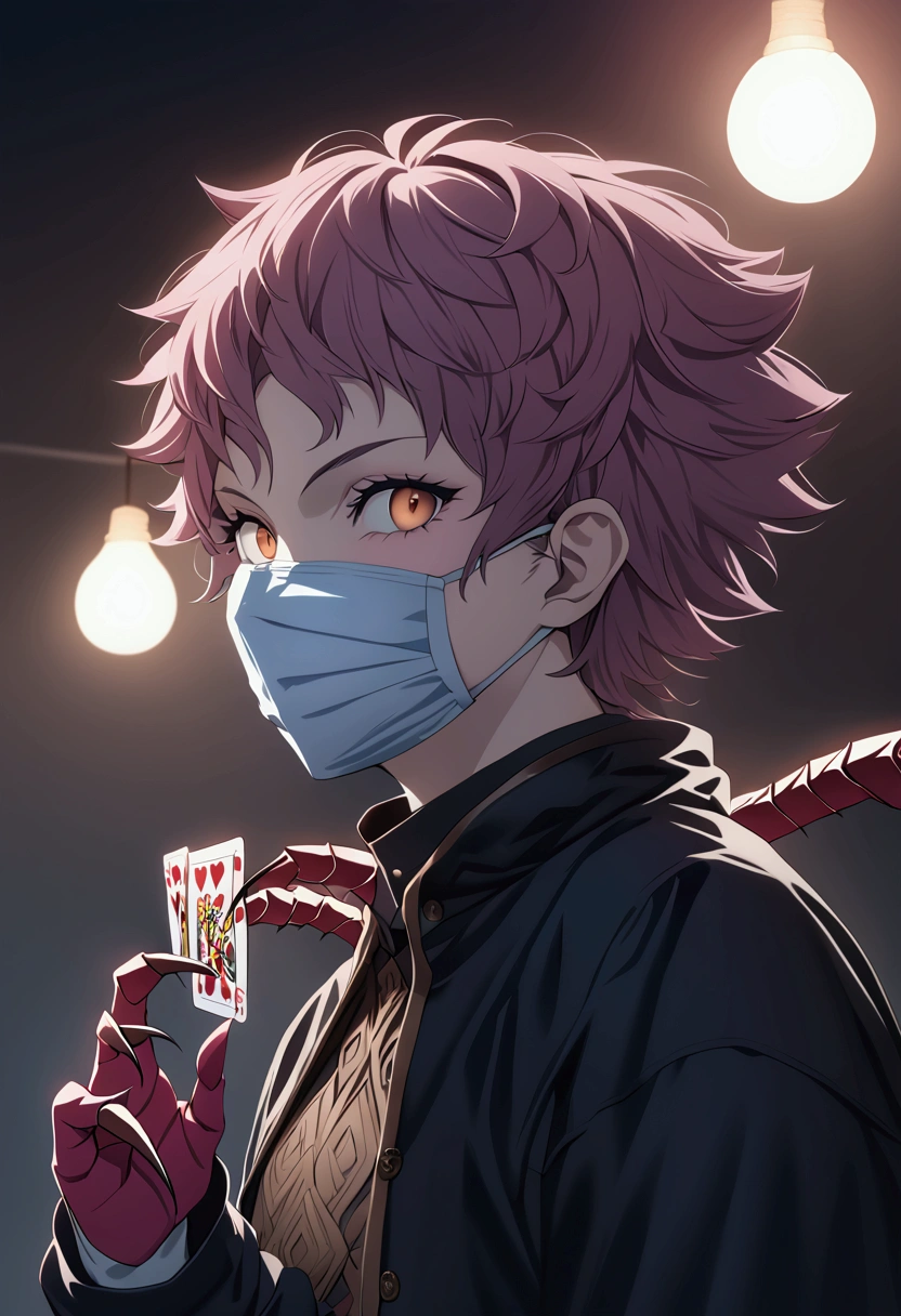 a highly detailed portrait of neferpitou, a chimera ant character from the anime hunter x hunter, in the adult gon form, wearing a medical mask, with hisoka's playing cards, sharp needle-like claws, togashi's anime art style, hyperrealistic, 8k, masterpiece, photorealistic, cinematic lighting, dramatic colors, intricate details