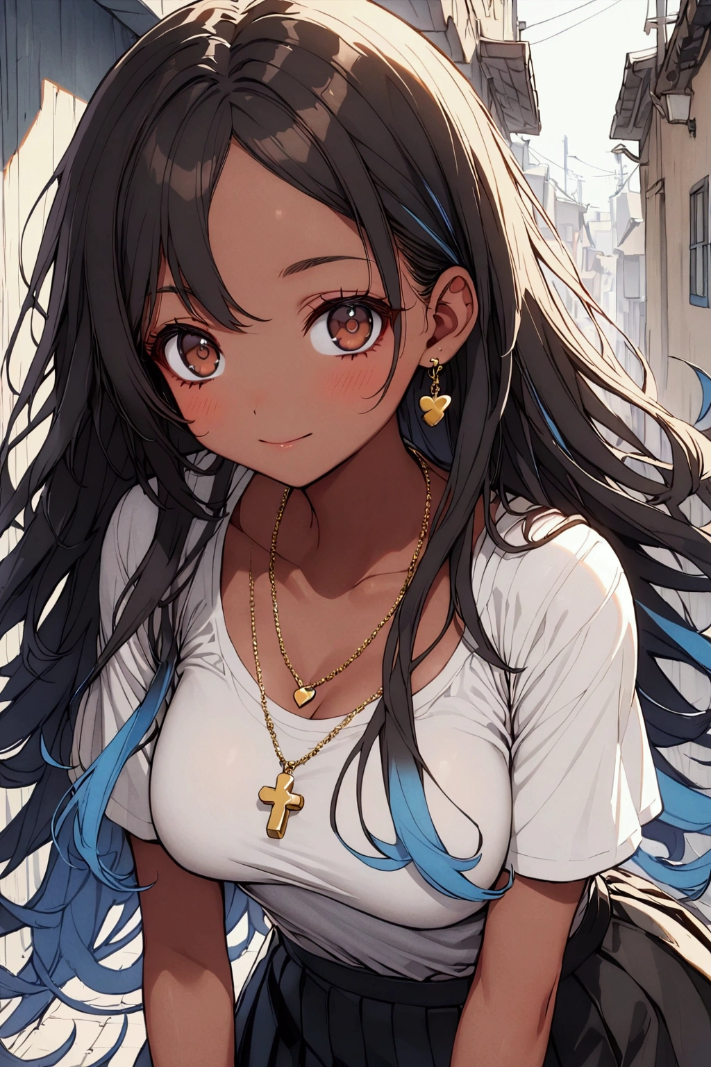 1girl, brown eyes, (black hair with blue fade, blue strands in the hair, long hair,) skinny waist, medium breasts, tan skin, a gold charm necklace, young girl, teenager girl, brown skin, wearing a white t-shirt, a black shorty, a gold charm necklace, 