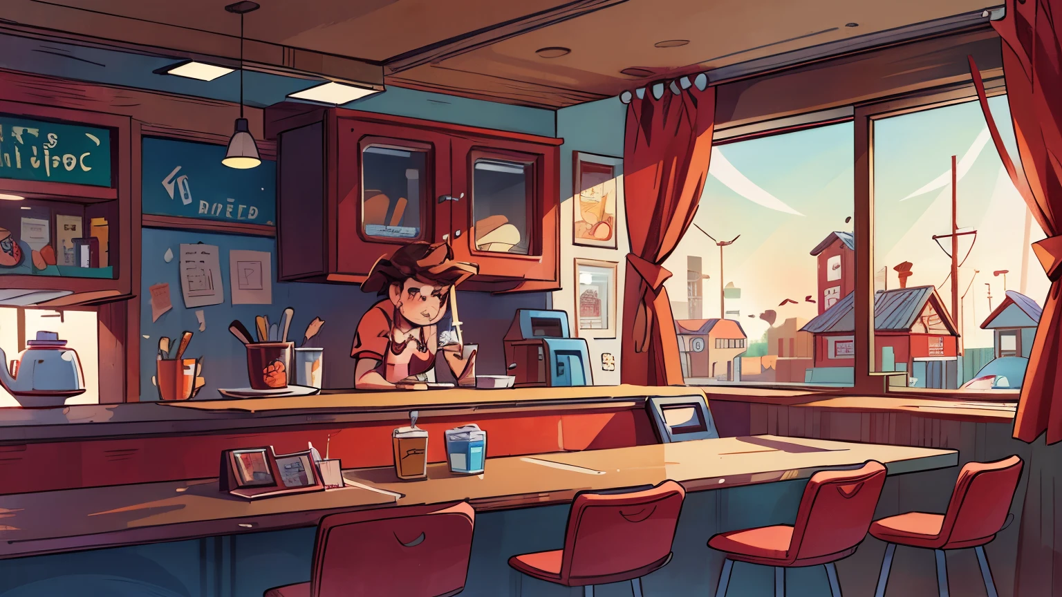 An interior of an American diner, daytime, view of the counter, (best quality,4k,8k,highres,masterpiece:1.2),ultra-detailed,highly detailed features, intricate, dynamic, small town diner, digital art, concept art, red cushions